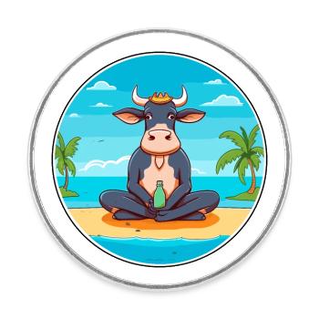 Vache Cartoon Yoga Plage Illustration D’été - Magnet rond - blanc - Devant