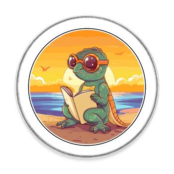 Caméléon Mignon Dessin Animé Drôle Kawaii Livre Plage - Magnet rond - blanc - Devant