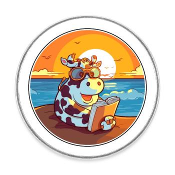 Vache Mignonne Dessin Animé Drôle Kawaii Livre Plage - Magnet rond - blanc - Devant