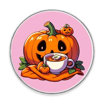 La citrouille d’Halloween boit une tasse de thé - Magnet rond - blanc - Devant