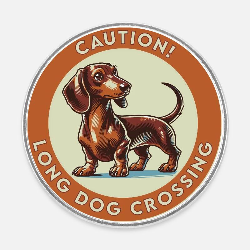 Caution! Long Dog Crossing - Round  fridge magnet - white