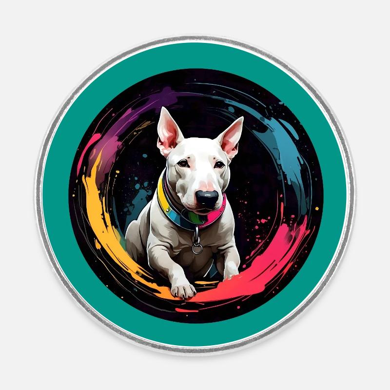 Minibullterrier Portrait im bunten Farbkreis - Runder Kühlschrankmagnet - Weiß