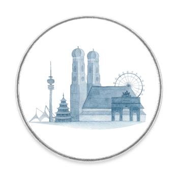 München Skyline - Handgemaltes Aquarell - Runder Kühlschrankmagnet - Weiß - Vorne
