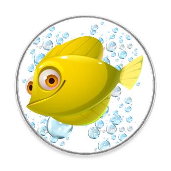 yellow fish swimming around lots of blue bubbles - Round  fridge magnet - white - Front
