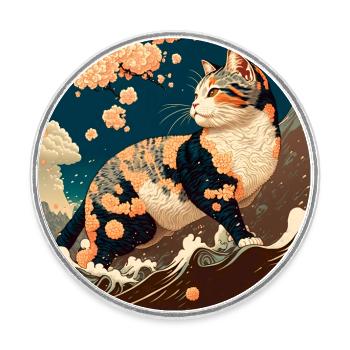 Ukiyo Beach Landscape with Cat - Round  fridge magnet - white - Front