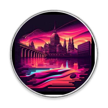Skyline of Dresden in the evening light Vaporwave optics - Round  fridge magnet - white - Front