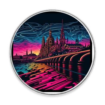 Skyline of Dresden in the evening light Vaporwave optics - Round  fridge magnet - white - Front