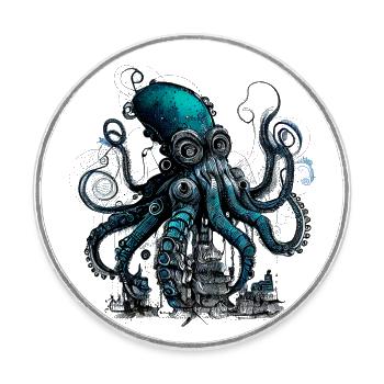Pieuvre géante steampunk au-dessus d’un petit village - Magnet rond - blanc - Devant