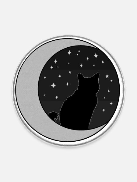 Black Cat and Silver Crescent Moon - Round fridge magnet - white