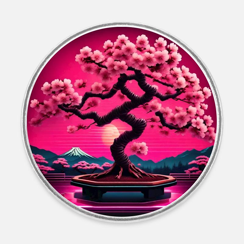 Cerisier japonais - Magnet rond - blanc