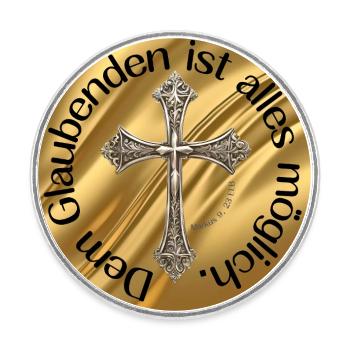 Dem Glaubenden ist alles Möglich - Kreuz auf Gold - Runder Kühlschrankmagnet - Weiß - Vorne