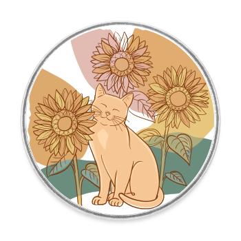 Sunflower Cat - Floral Line Art - Round  fridge magnet - white - Front