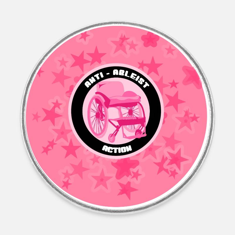 Anti-Ableist Button – Pinker Rollstuhl mit Sternen - Runder Kühlschrankmagnet - Weiß