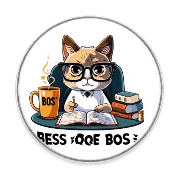 Coffee Break Tales: Eine skurrile Katze am Schreibtisch - Runder Kühlschrankmagnet - Weiß - Vorne