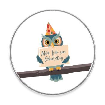 Hibou mignon avec de belles vœux d’anniversaire et hu de fête - Magnet rond - blanc - Devant