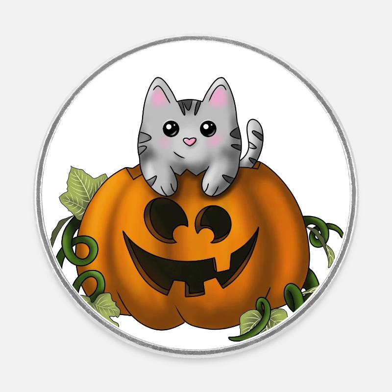 Chat mignon à la citrouille - Magnet rond - blanc