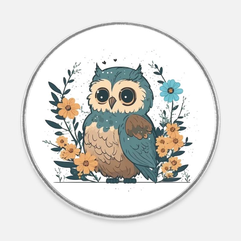 Hibou mignon dans la forêt de fleurs 1 - Magnet rond - blanc