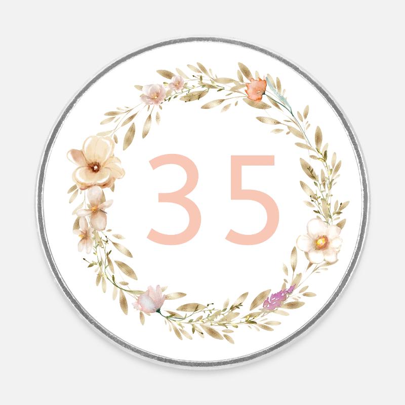 Numéro personnalisable 35, couronne de fleurs, boho - Magnet rond - blanc