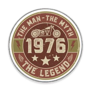 1976 Vintage Man Myth Legend Motorcycle Biker - Round  fridge magnet - white - Front