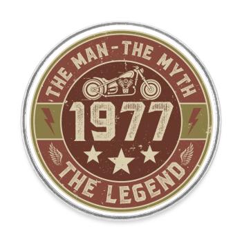 1977 Vintage Man Myth Legend Motorcycle Biker - Round  fridge magnet - white - Front