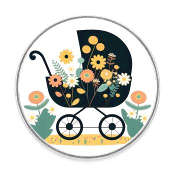 Poussette fleurie 5 - Magnet rond - blanc - Devant