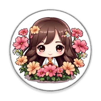 Une chibi en fleurs - Magnet rond - blanc - Devant