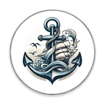 Ancre, Capitaine, Nautisme, Voilier, Voilier - Magnet rond - blanc - Devant
