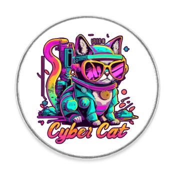 YANACAT Futuristische Katze Cyberpunk Cybercat - Runder Kühlschrankmagnet - Weiß - Vorne