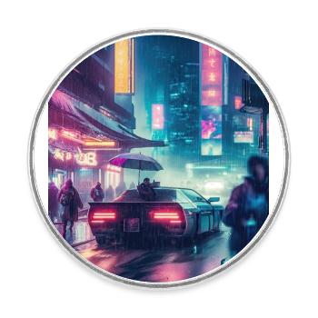 Retro Reverie: voiture de collection sous la pluie - Magnet rond - blanc - Devant