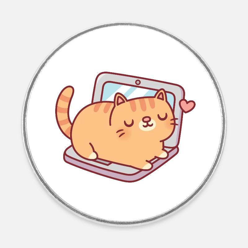 Cute Chubby Tabby Cat Resting On Laptop - Round  fridge magnet - white