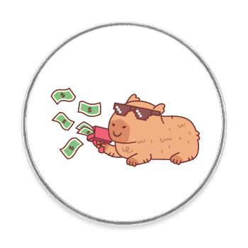 Chilling Capybara With Sunglasses And Money Gun - Round  fridge magnet - white - Front