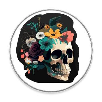 Menschlicher Schädel & Blumen 8 - Runder Kühlschrankmagnet - Weiß - Vorne