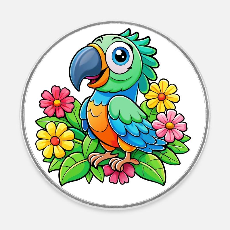 Mignon perroquet coloré - Magnet rond - blanc