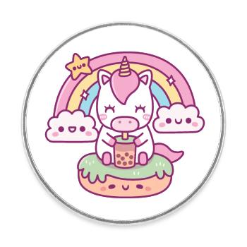 Mignonne licorne buvant du thé Boba, arc-en-ciel et nuages - Magnet rond - blanc - Devant