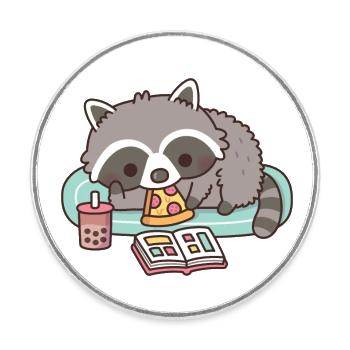 Mignon raton laveur mangeant de la pizza et lisant des mangas - Magnet rond - blanc - Devant