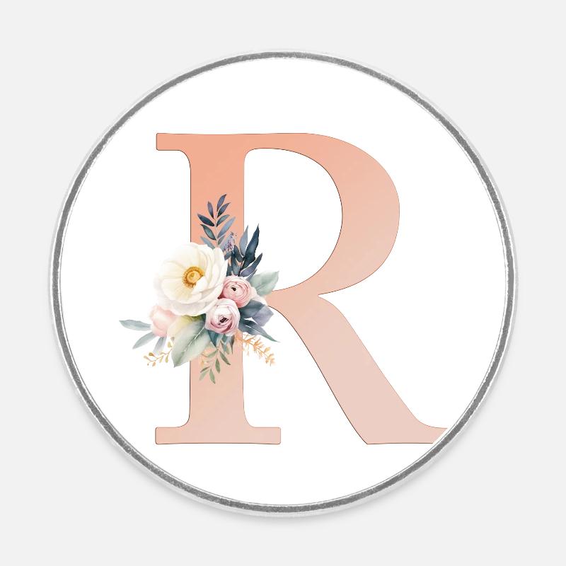 R monogramme, Floral, Boho - Magnet rond - blanc