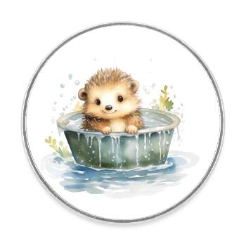 Bébé hérisson prend un bain, peint à la main - aquarelles - Magnet rond - blanc - Devant