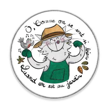 Mrou le Chat Jardinier - Magnet rond - blanc - Devant