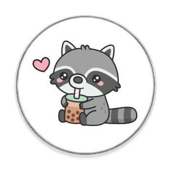 Cute Raccoon Loves Boba Tea - Round  fridge magnet - white - Front