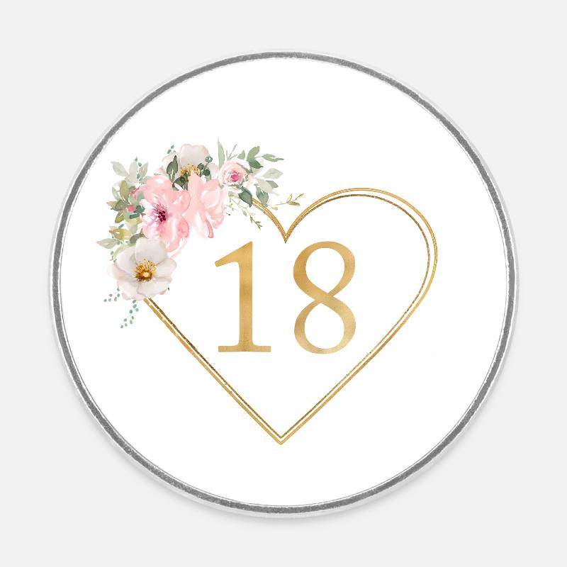 Number 18, heart flower design, customizable - Round  fridge magnet - white