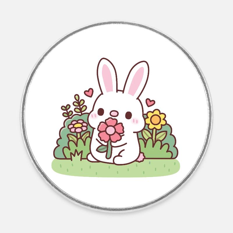 Lapin blanc mignon lapin et fleurs printemps - Magnet rond - blanc
