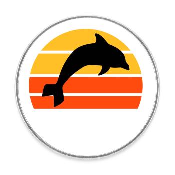 Springender Delphin vor einer geteilten Halbsonne - Runder Kühlschrankmagnet - Weiß - Vorne