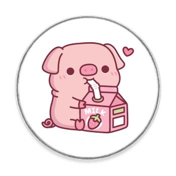 Un petit cochon mignon aime le lait à la fraise - Magnet rond - blanc - Devant