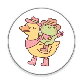 Grenouille Cowboy mignonne chevauchant un canard jaune - Magnet rond - blanc - Devant