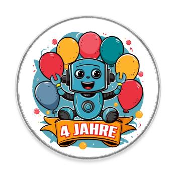 4 Jahre Kleiner Roboter mit bunten Luftballons - Runder Kühlschrankmagnet - Weiß - Vorne