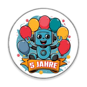 5 Jahre Kleiner Roboter mit bunten Luftballons - Runder Kühlschrankmagnet - Weiß - Vorne