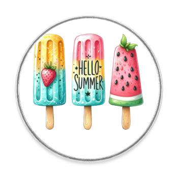 Hello Summer. Happy Popsicle Design, Ice Cream, - Round  fridge magnet - white - Front