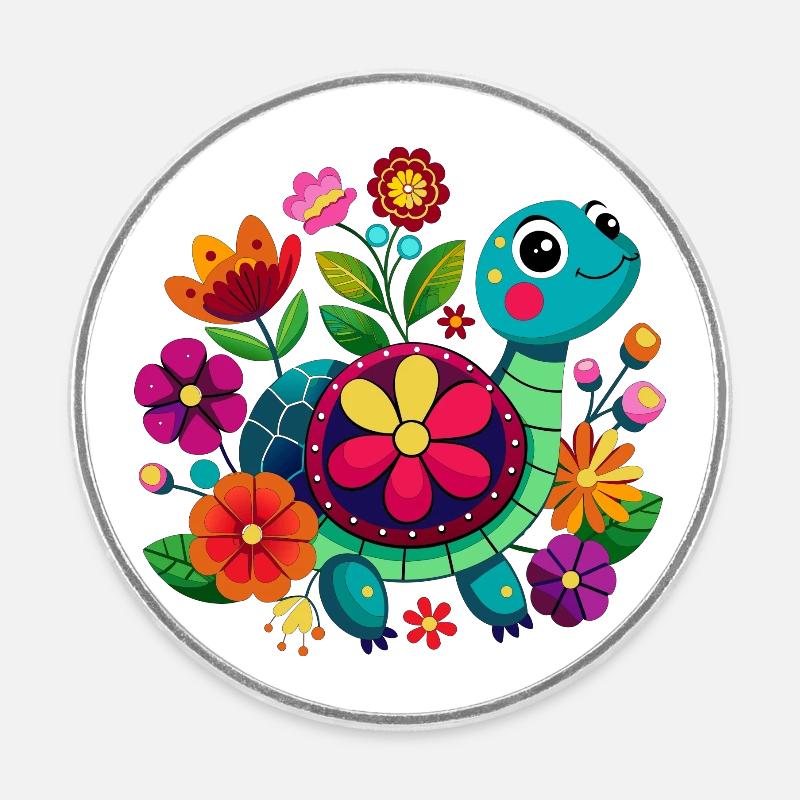Petite tortue joyeuse - Magnet rond - blanc