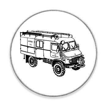 Unimog - Oldtimer - Tout-terrain - Pompiers - Magnet rond - blanc - Devant