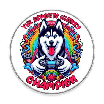 Power Play Welpe - Der Esports Husky Champion - Runder Kühlschrankmagnet - Weiß - Vorne